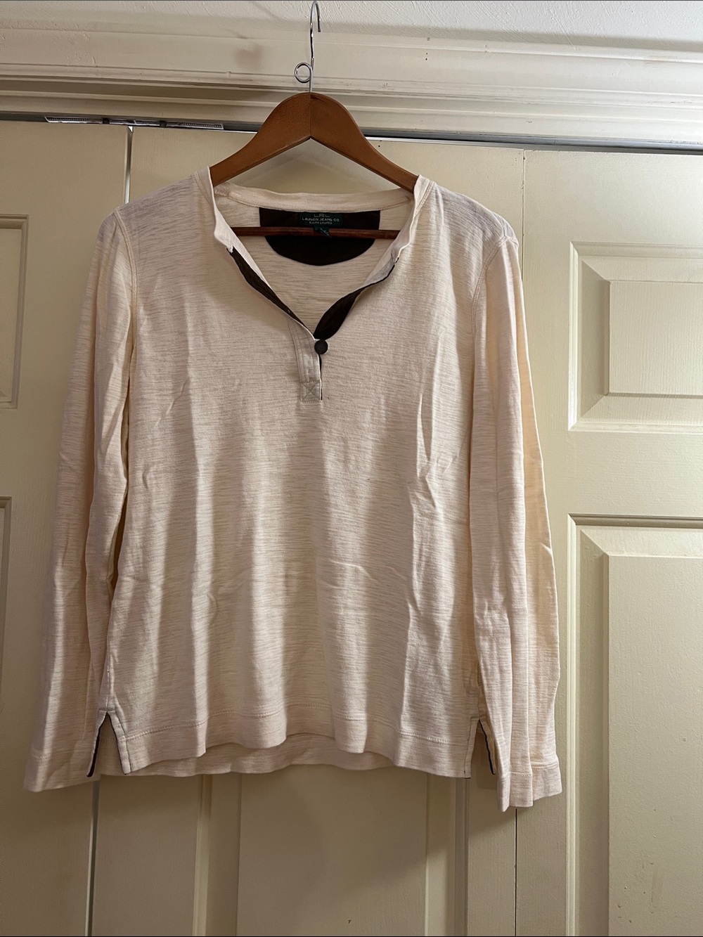 Ralph Lauren Henley Style Long Sleeve 100% Cotton Tee Beige With Brown Trim lrg